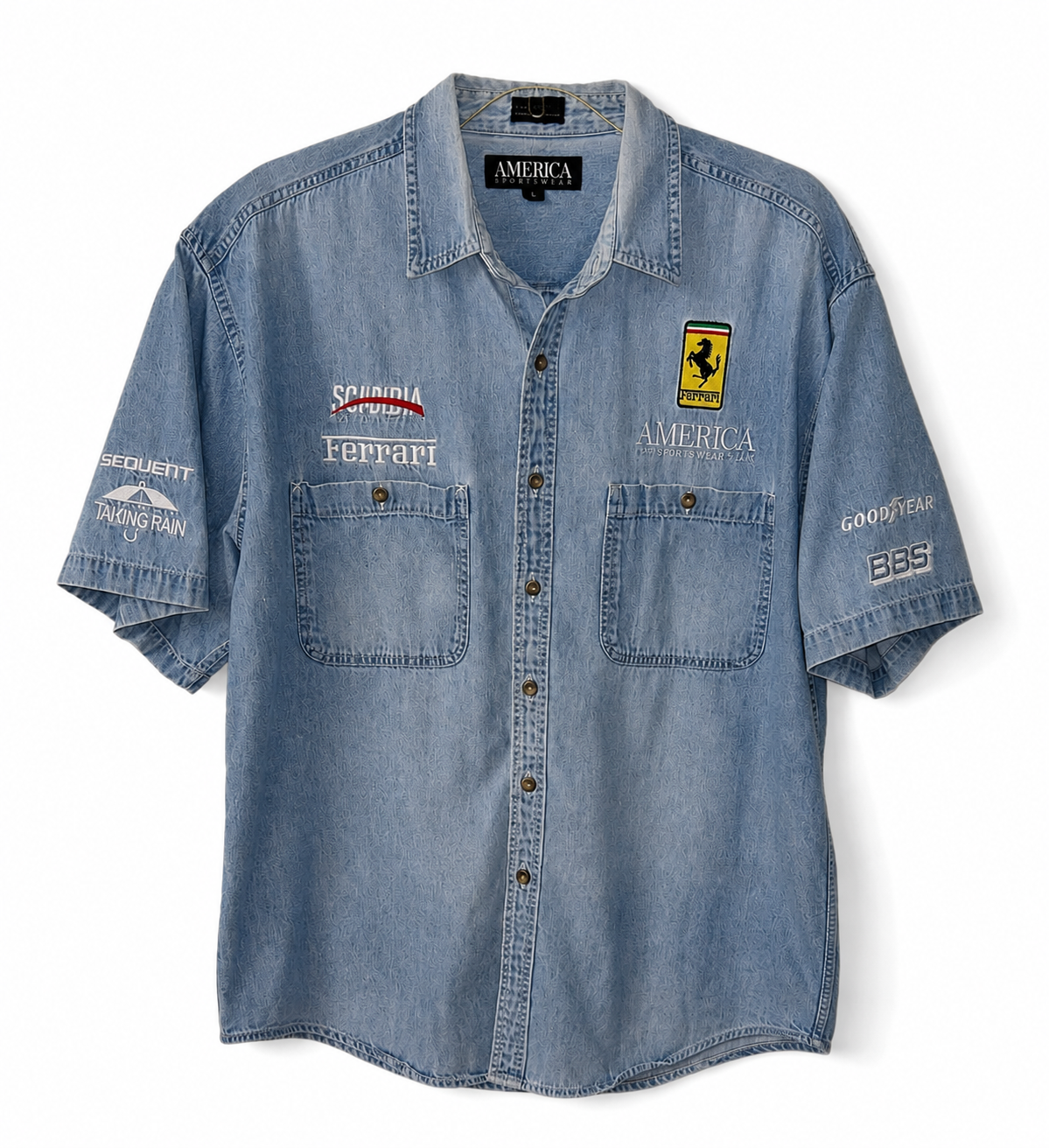Perry Ellis America Scandia Ferrari 333 SP Race Team Denim Shirt | Size L