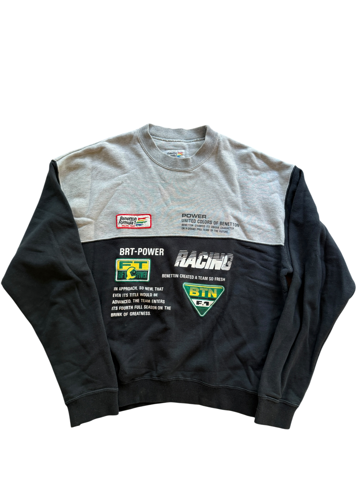 Vintage Benetton Formula 1 Racing Team Crewneck Sweatshirt – Rare BRT Power Racing Graphic – Made in Italy Era