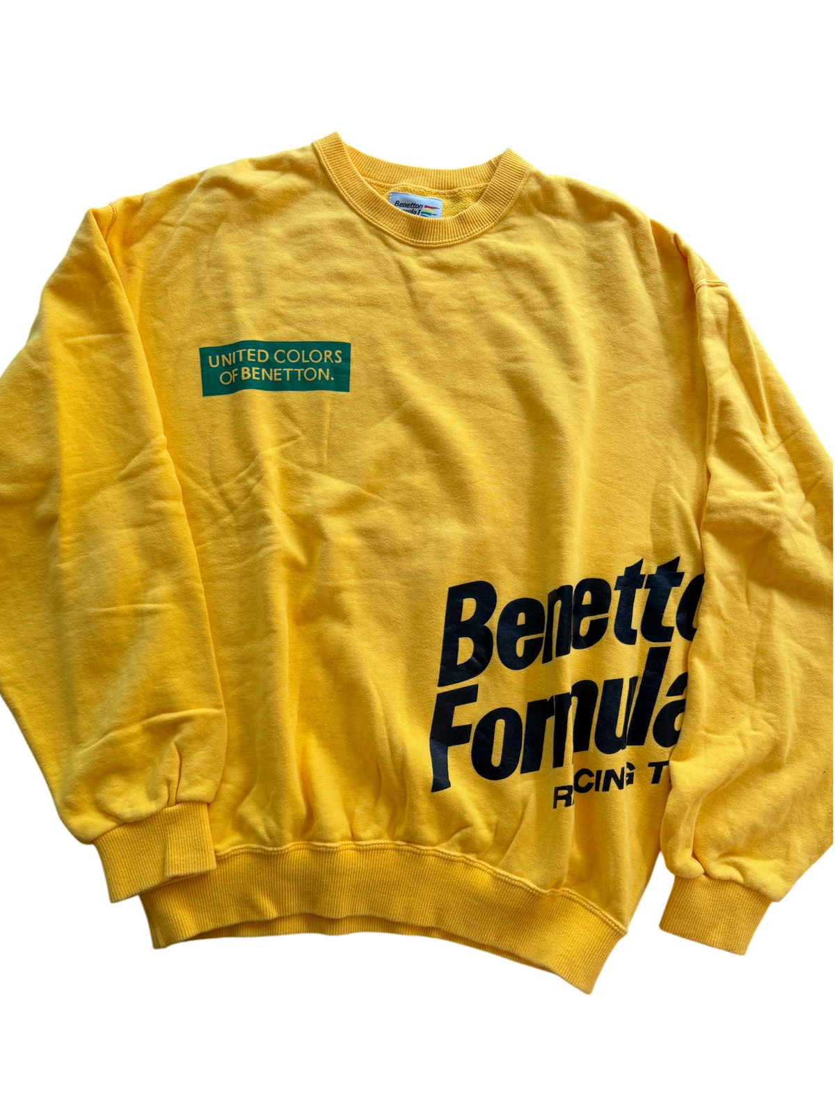 Vintage 1990s Benetton Formula 1 Racing Team Sweatshirt – Yellow Crewneck – Size Large