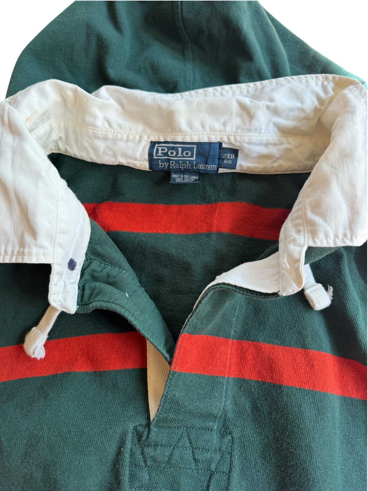 Vintage Polo Ralph Lauren Hooded Rugby Shirt | Forest Green & Red Stripe | Elbow Patch 2XB