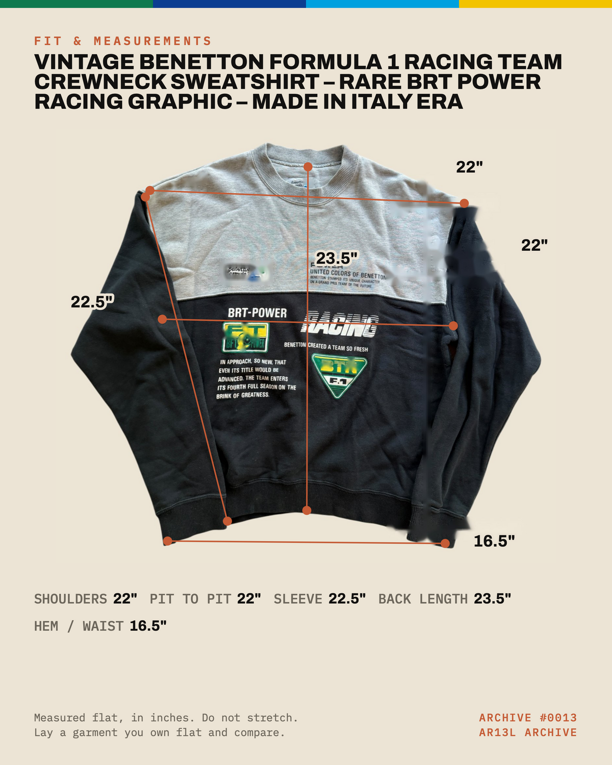 Vintage Benetton Formula 1 Racing Team Crewneck Sweatshirt – Rare BRT Power Racing Graphic – Made in Italy Era
