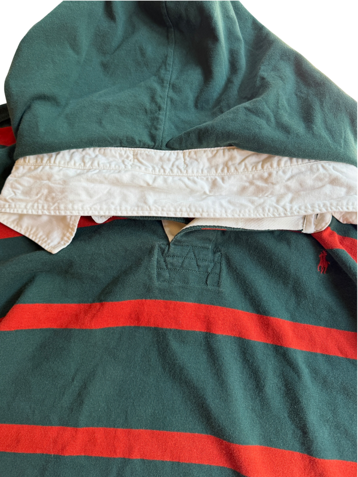 Vintage Polo Ralph Lauren Hooded Rugby Shirt | Forest Green & Red Stripe | Elbow Patch 2XB